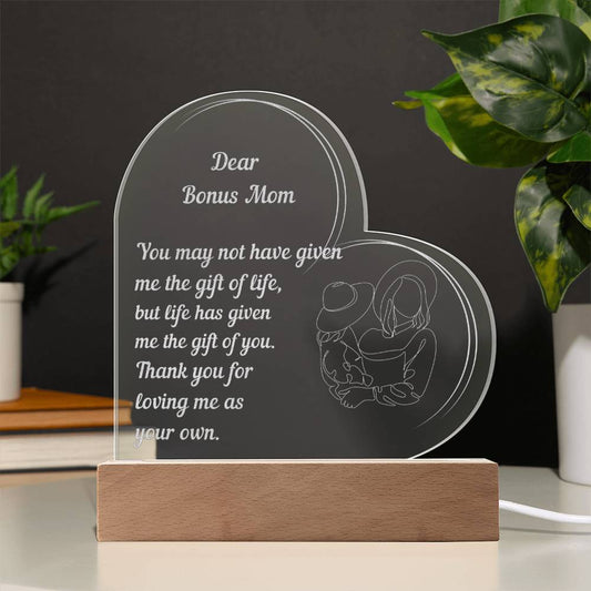 Engraved Acrylic Heart Plaque Gift for Bonus Mom | Birthday Gift for Bonus Mom